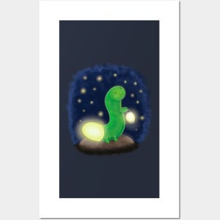 Cute green glow worm with lantern cartoon illustration Posters and Art